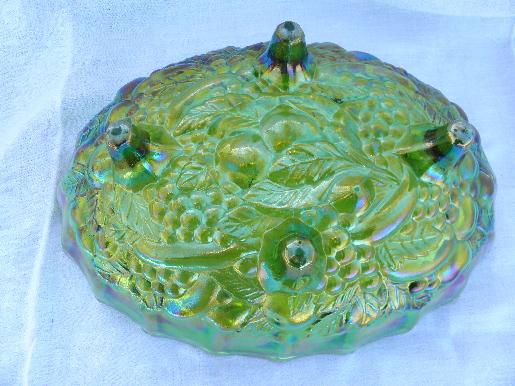 vintage green iridescent carnival glass fruit bowl, Indiana garland