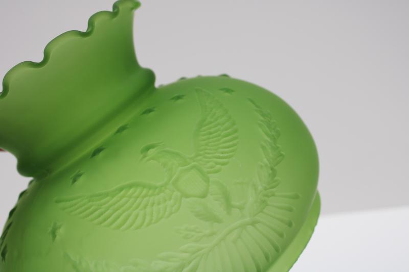 vintage green satin frosted glass lampshade, Early American pattern