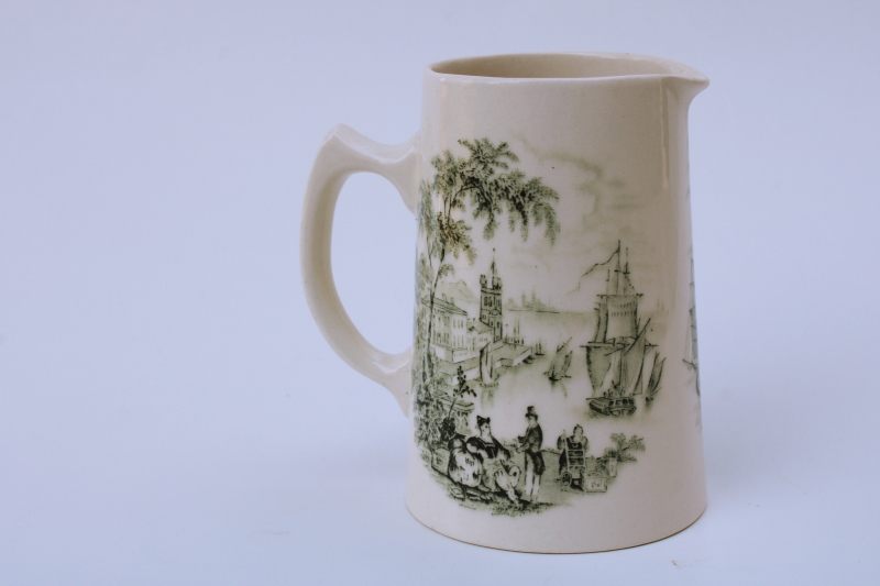 vintage green transferware, small pitcher Safe Harbour Royal Staffordshire tall ships in harbor