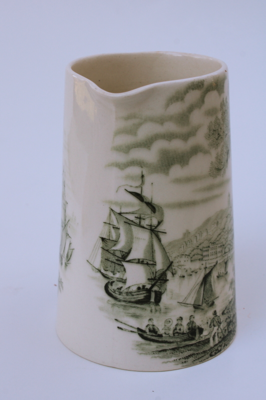 vintage green transferware, small pitcher Safe Harbour Royal Staffordshire tall ships in harbor
