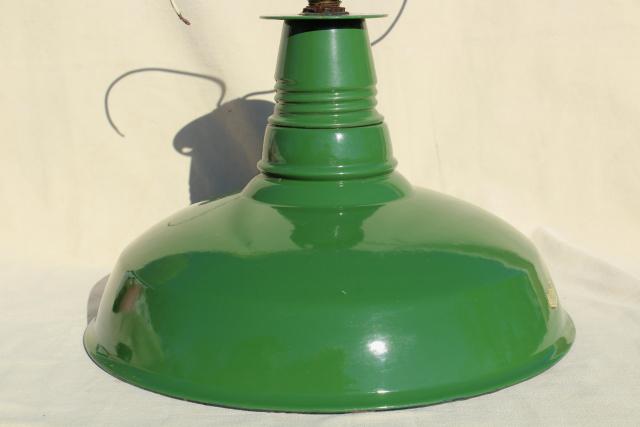 vintage green & white enamel ware gas station light, Goodrich industrial lamp shade