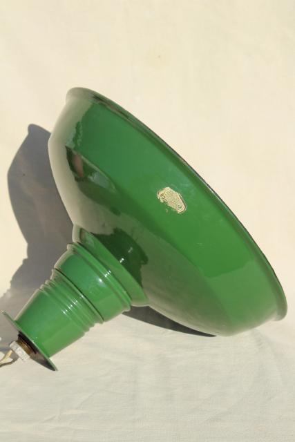 vintage green & white enamel ware gas station light, Goodrich industrial lamp shade