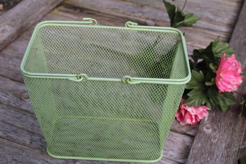 vintage green wire basket, french country style tote for wine bottles or flowers