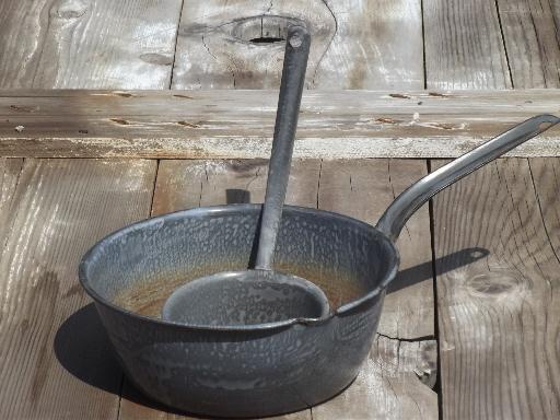 vintage grey granite ware dipper ladle & pan, old camping enamelware 