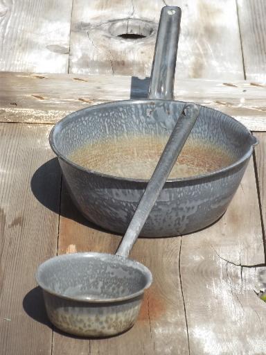 vintage grey granite ware dipper ladle & pan, old camping enamelware 