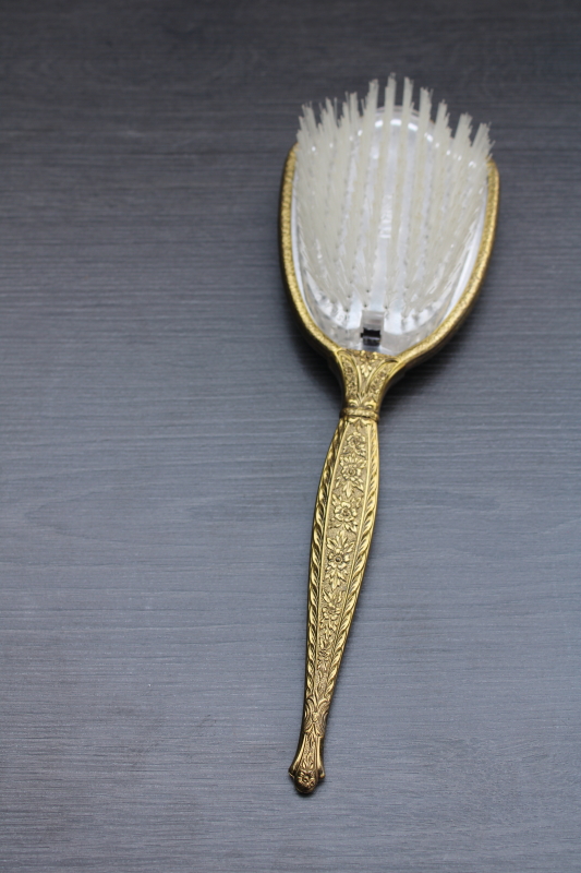 vintage hair brush with small bird, fairy tale style gold metal vanity table hairbrush