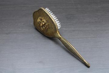 vintage hair brush with small bird, fairy tale style gold metal vanity table hairbrush