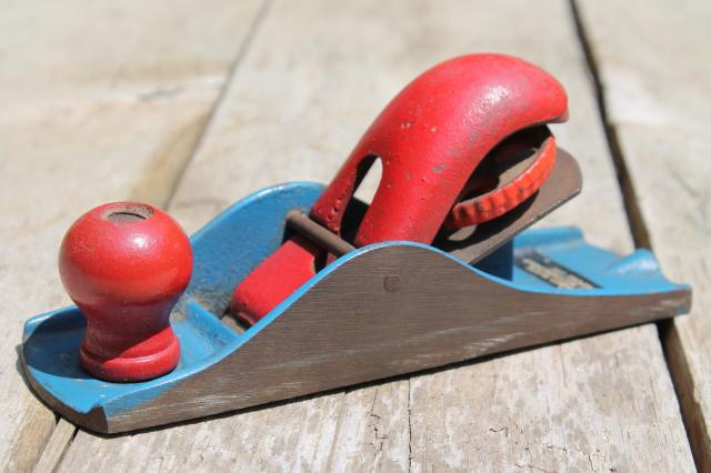 vintage hand block plane, old woodworking tool shave wood planer w/ red & blue paint