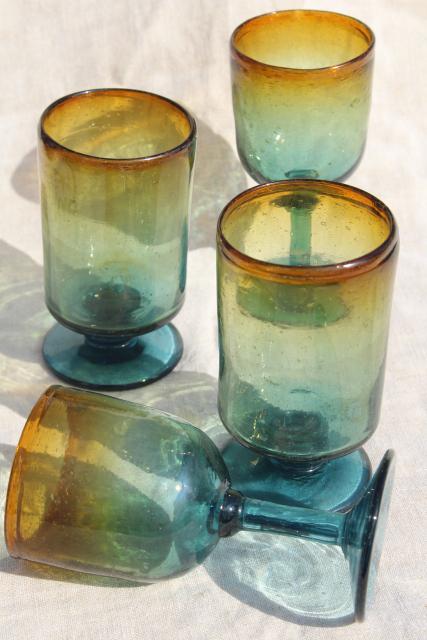 vintage hand blown Mexican glass goblets, blue to golden amber shaded glass