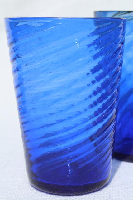 vintage hand blown Mexican glass tumblers, cobalt blue swirl drinking glasses, 70s 80s retro