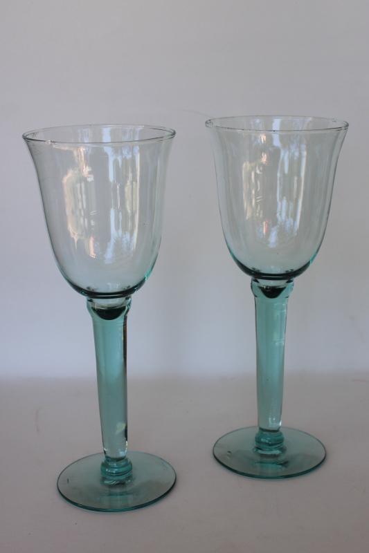 vintage hand blown Mexican glass wine glasses, Spanish green glass goblets
