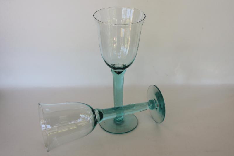 vintage hand blown Mexican glass wine glasses, Spanish green glass goblets
