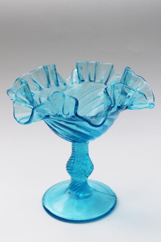 vintage hand blown aqua glass candy dish, ruffled swirl pattern compote bowl