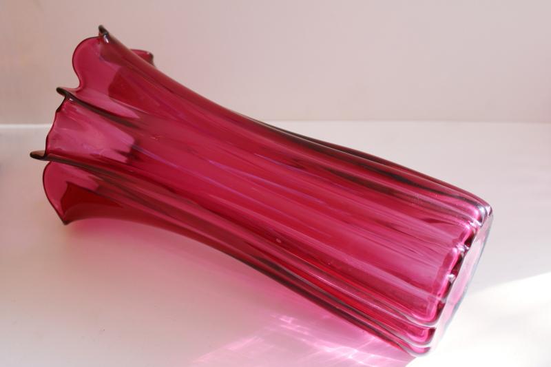 vintage hand blown art glass artist signed swung glass vase, pink cranberry glass