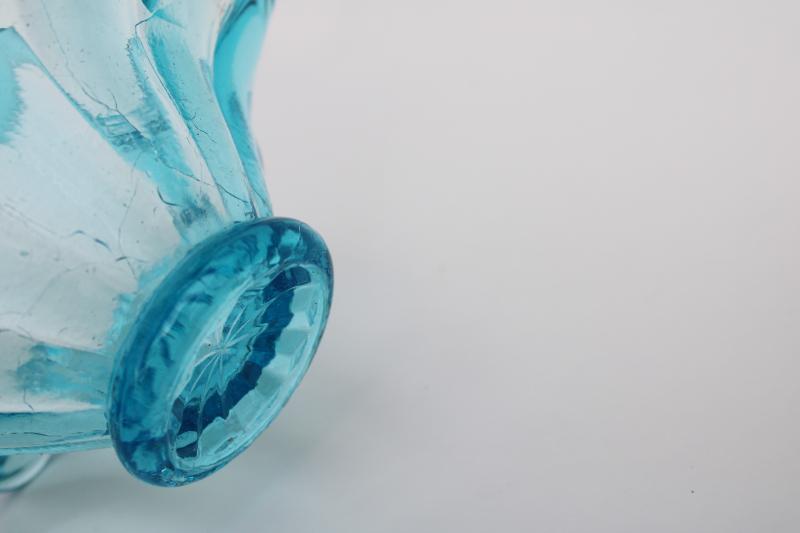 vintage hand blown art glass basket, aqua blue crackle glass