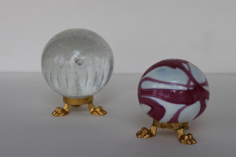 vintage hand blown art glass paperweights on gold metal stands made in Italy