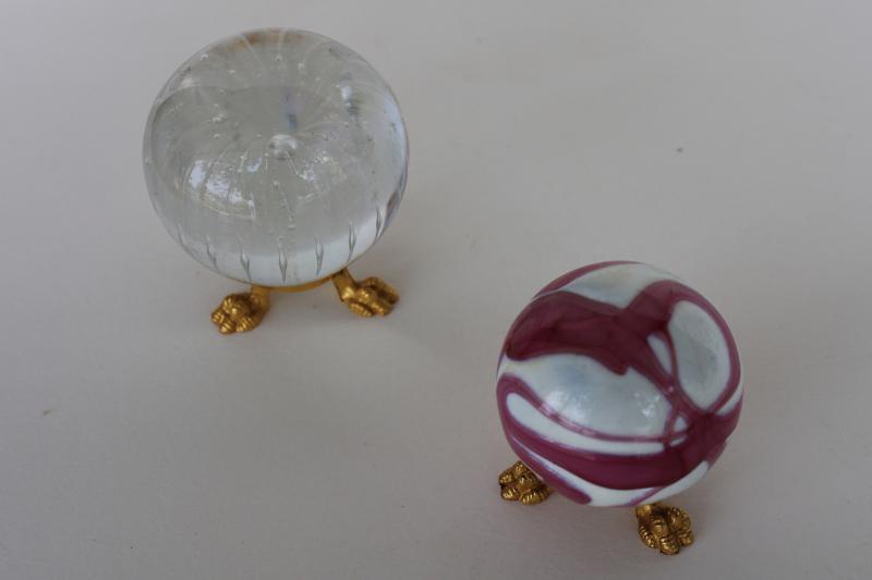 vintage hand blown art glass paperweights on gold metal stands made in Italy