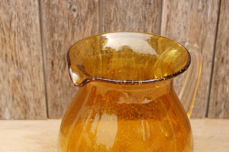 vintage hand blown bubble glass pitcher, rustic golden brown amber glass jug