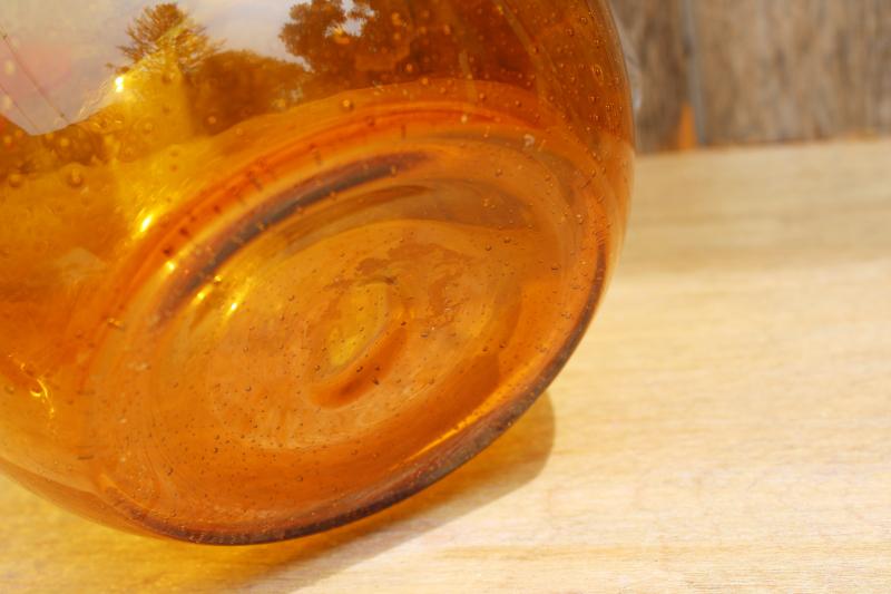 vintage hand blown bubble glass pitcher, rustic golden brown amber glass jug