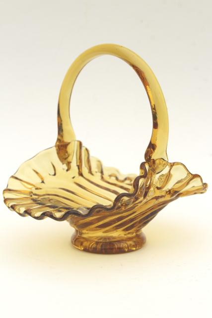 Very Nice! Gorgeous Vintage Hand blown Amber Glass Basket with Swirl Handle