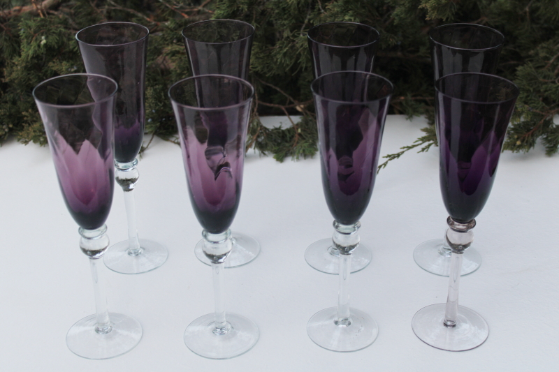 vintage hand blown glass champagne glasses tall flutes, clear stems amethyst glass