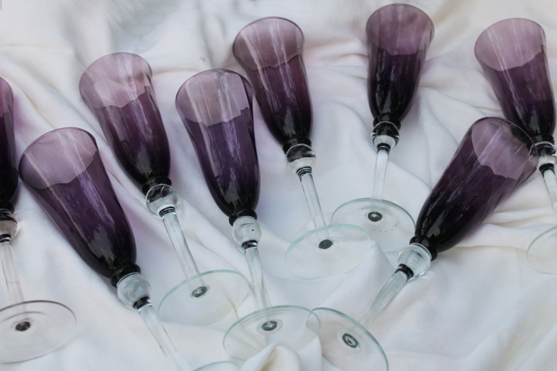 vintage hand blown glass champagne glasses tall flutes, clear stems amethyst glass