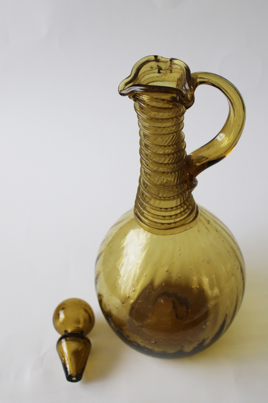 vintage hand blown glass decanter or oil bottle cruet, olive green