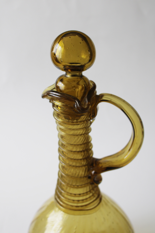 vintage hand blown glass decanter or oil bottle cruet, olive green