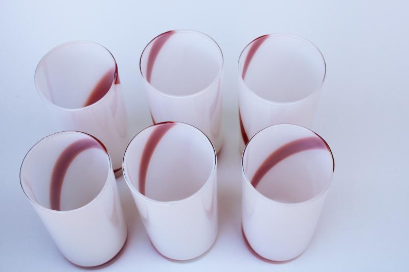vintage hand blown glass drinking glasses, red & white swirl striped tumblers