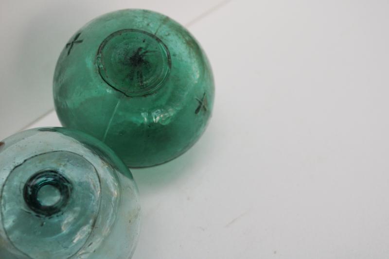 vintage hand blown glass fishing net floats in shades of sea glass green & aqua