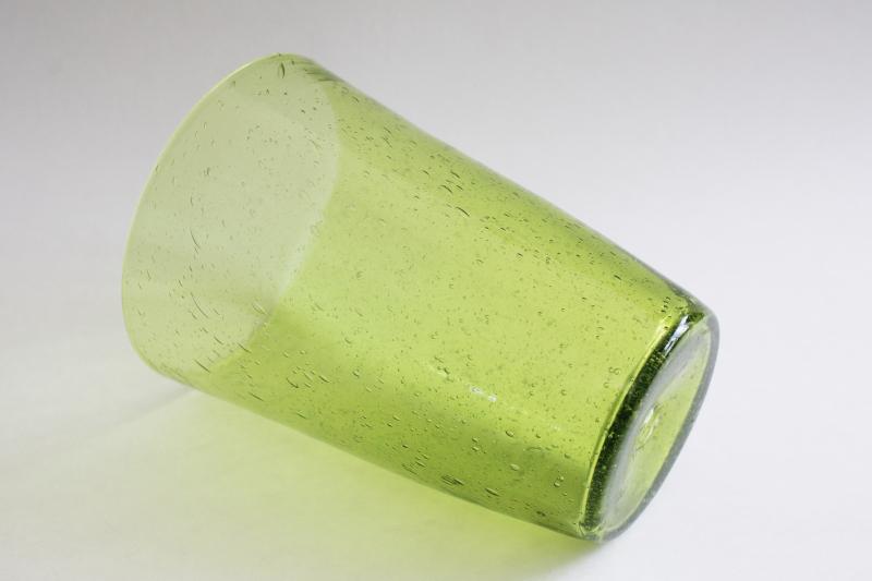 vintage hand blown glass flower bucket vase, celery green seeded bubbles art glass