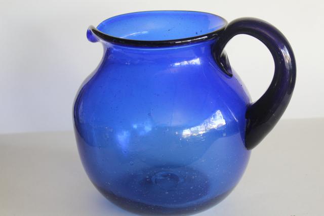 vintage hand blown glass pitcher, cobalt blue Mexican glass large jug