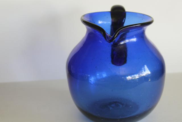 vintage hand blown glass pitcher, cobalt blue Mexican glass large jug