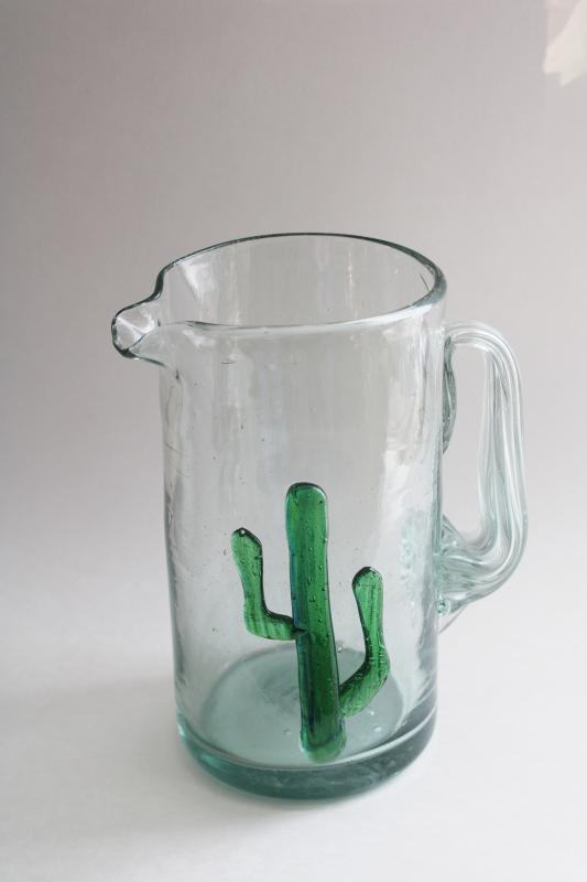 6 Pc Glass Margarita Pitcher Set Mexican Hand Blown Cactus Pitcher