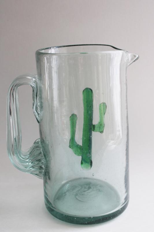 vintage hand blown glass pitcher w/ saguaro cactus, Mexican art glass