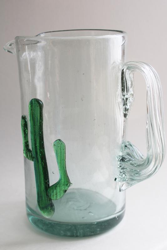 Mexican Hand Blown Glass Pitcher Set Saguaro patio cups speckled