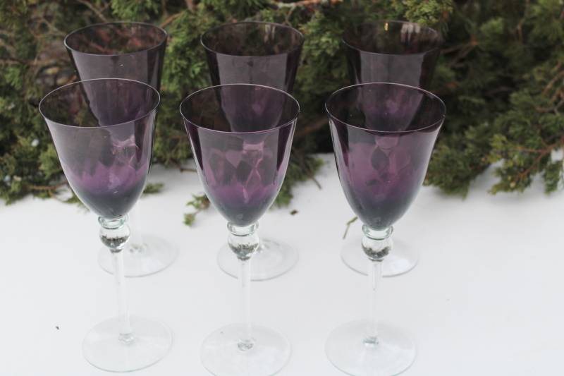 vintage hand blown glass water goblets or wine glasses, clear stems amethyst glass