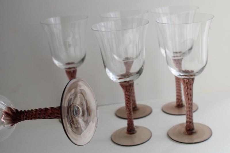 vintage hand blown glass wine glasses, amethyst twist stem clear bowl goblets