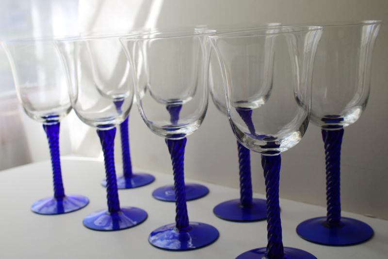 vintage hand blown glass wine glasses, cobalt blue twist stem clear bowl goblets
