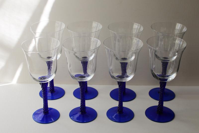 vintage hand blown glass wine glasses, cobalt blue twist stem clear bowl goblets