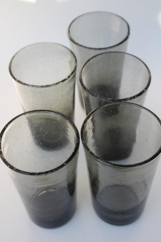 vintage hand blown smoke glass tumblers, twilight grey seeded bubbles drinking glasses 