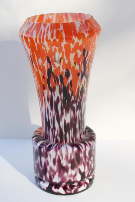 vintage hand blown splatter glass vase, confetti purple & orange white cased glass
