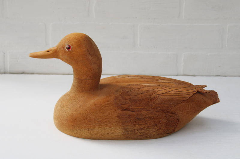 vintage hand carved duck decoy, unpainted natural wood duck for rustic cabin lake house decor
