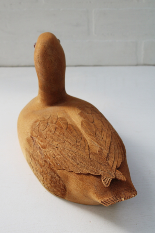 vintage hand carved duck decoy, unpainted natural wood duck for rustic cabin lake house decor