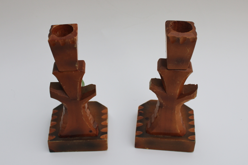 vintage hand carved wood candlesticks, trees with gnomes fairy tale Black Forest Bavaria