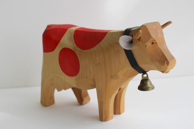 vintage hand carved wood cow made in Switzerland, spotted Brown Swiss toy figure