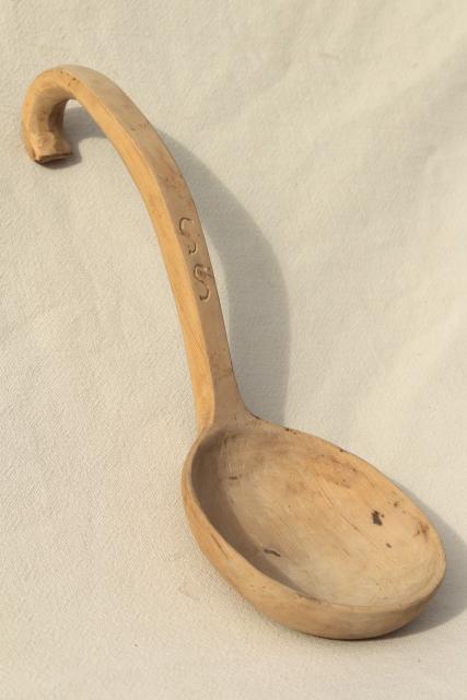 vintage hand carved wooden scoop spoon, rustic natural wood large ladle