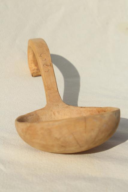 vintage hand carved wooden scoop spoon, rustic natural wood large ladle