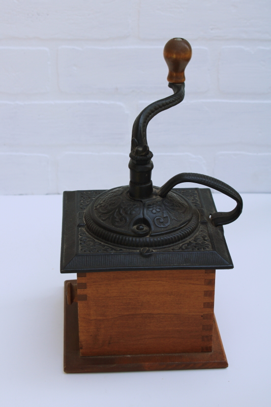 vintage hand crank coffee grinder mill, wood drawer w/ cast iron, primitive kitchen ware