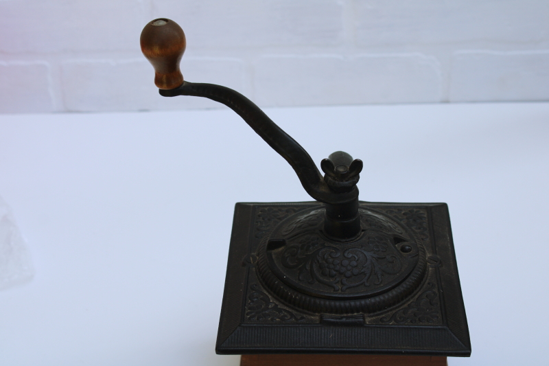 vintage hand crank coffee grinder mill, wood drawer w/ cast iron, primitive kitchen ware